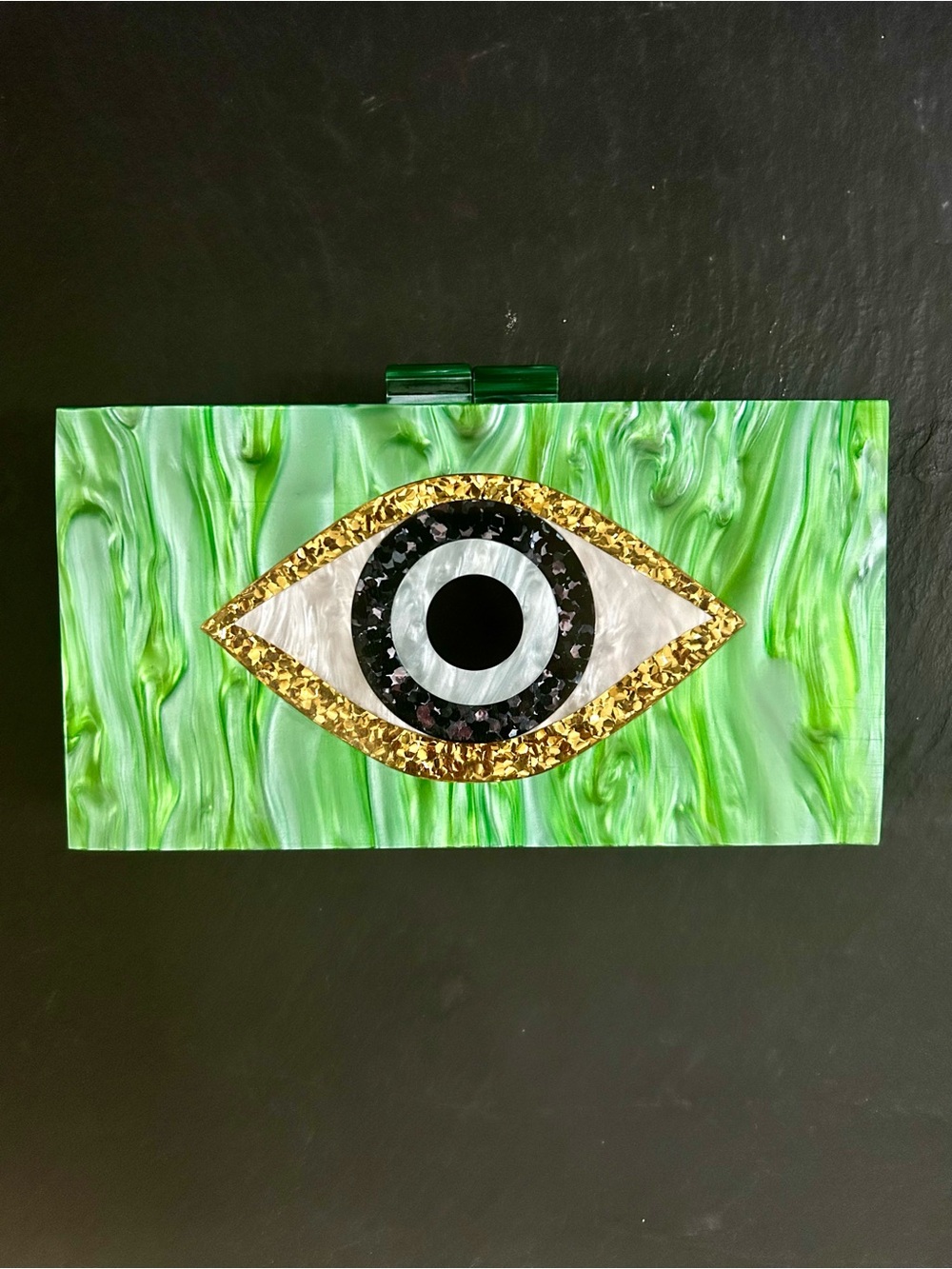 Green Acrylic Evil Eye Clutch Purse with Gold Accent
